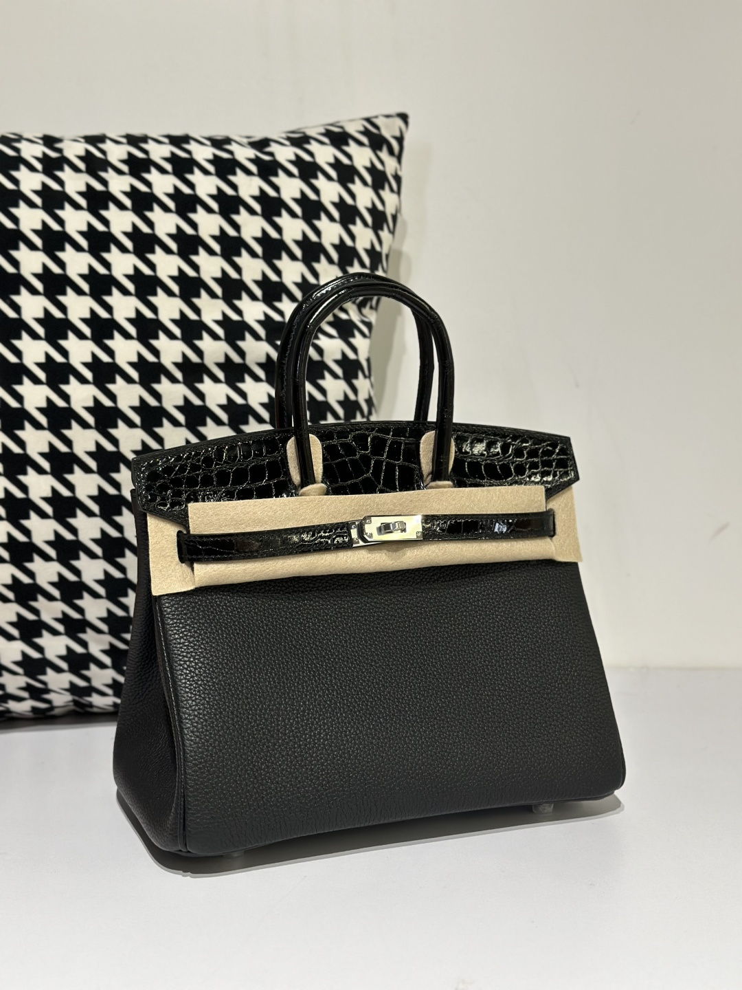 Crocodile Leather Black 25cm Glossy Mixed Leather Silver Hardware Top Handle Tote Bag WCB153 image 2