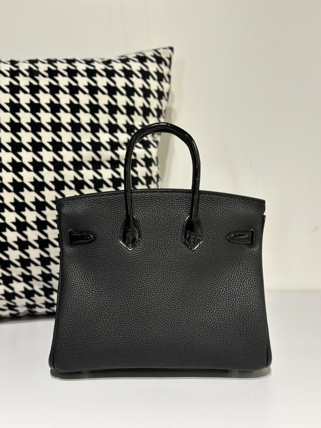Crocodile Leather Black 25cm Glossy Mixed Leather Silver Hardware Top Handle Tote Bag WCB153 image 3