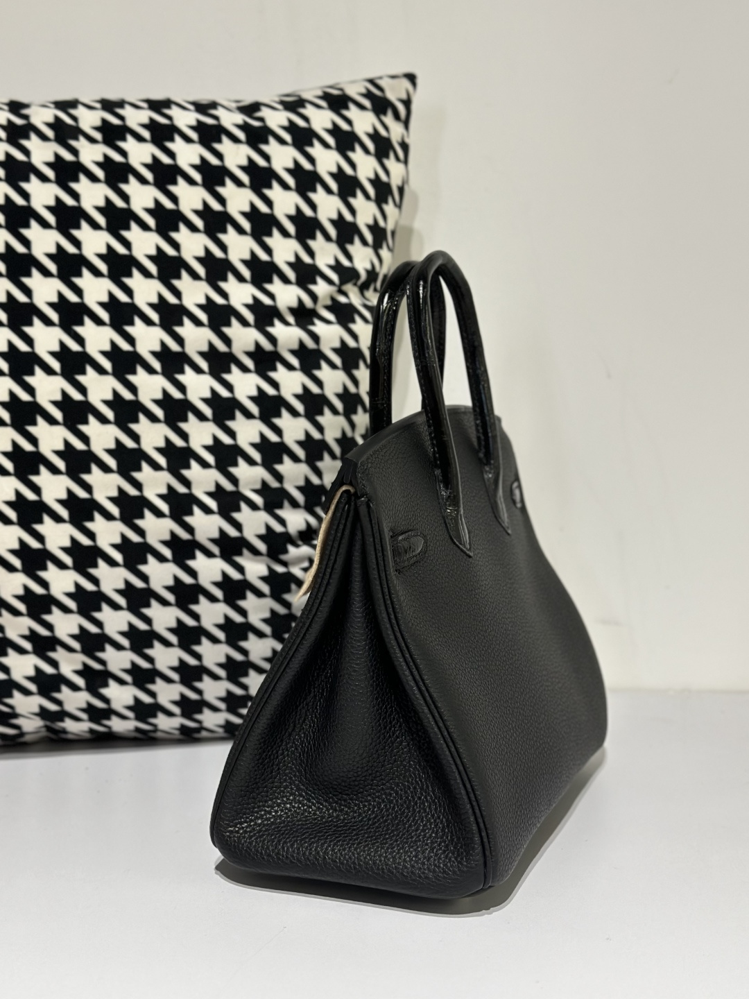 Crocodile Leather Black 25cm Glossy Mixed Leather Silver Hardware Top Handle Tote Bag WCB153 image 4