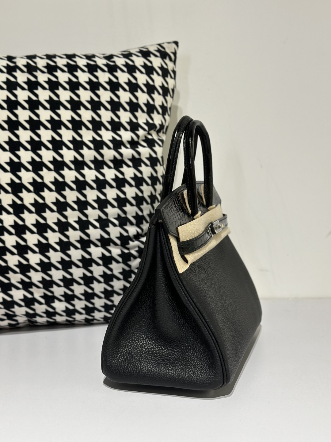 Crocodile Leather Black 25cm Glossy Mixed Leather Silver Hardware Top Handle Tote Bag WCB153 image 5
