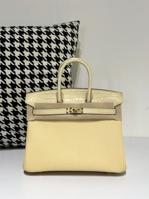 Crocodile Leather 25cm Matte Vanilla Mixed Leather Gold Hardware Top Handle Tote Bag WCB154