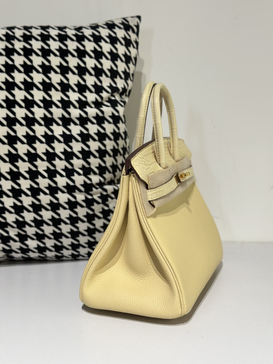 Crocodile Leather 25cm Matte Vanilla Mixed Leather Gold Hardware Top Handle Tote Bag WCB154 photo 5