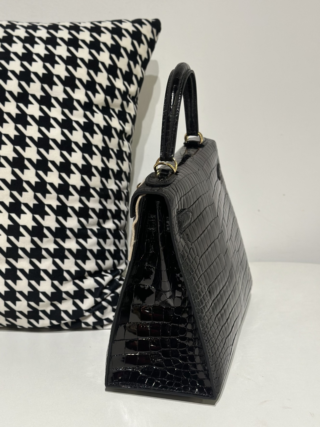 Crocodile Leather Black 28cm Glossy Gold Hardware Top Handle Bag WCB155 photo 4