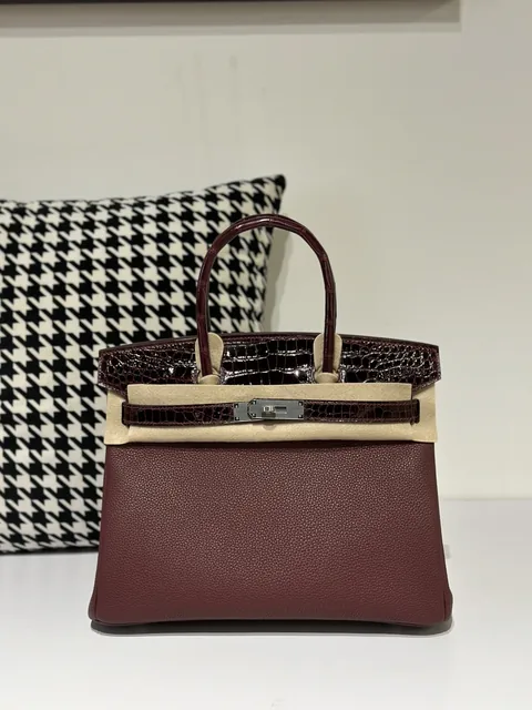 Crocodile Leather 30cm Glossy Burgundy Mixed Leather Silver Hardware Top Handle Tote Bag WCB159