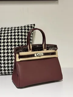 Crocodile Leather 30cm Glossy Burgundy Mixed Leather Silver Hardware Top Handle Tote Bag WCB159 image 2