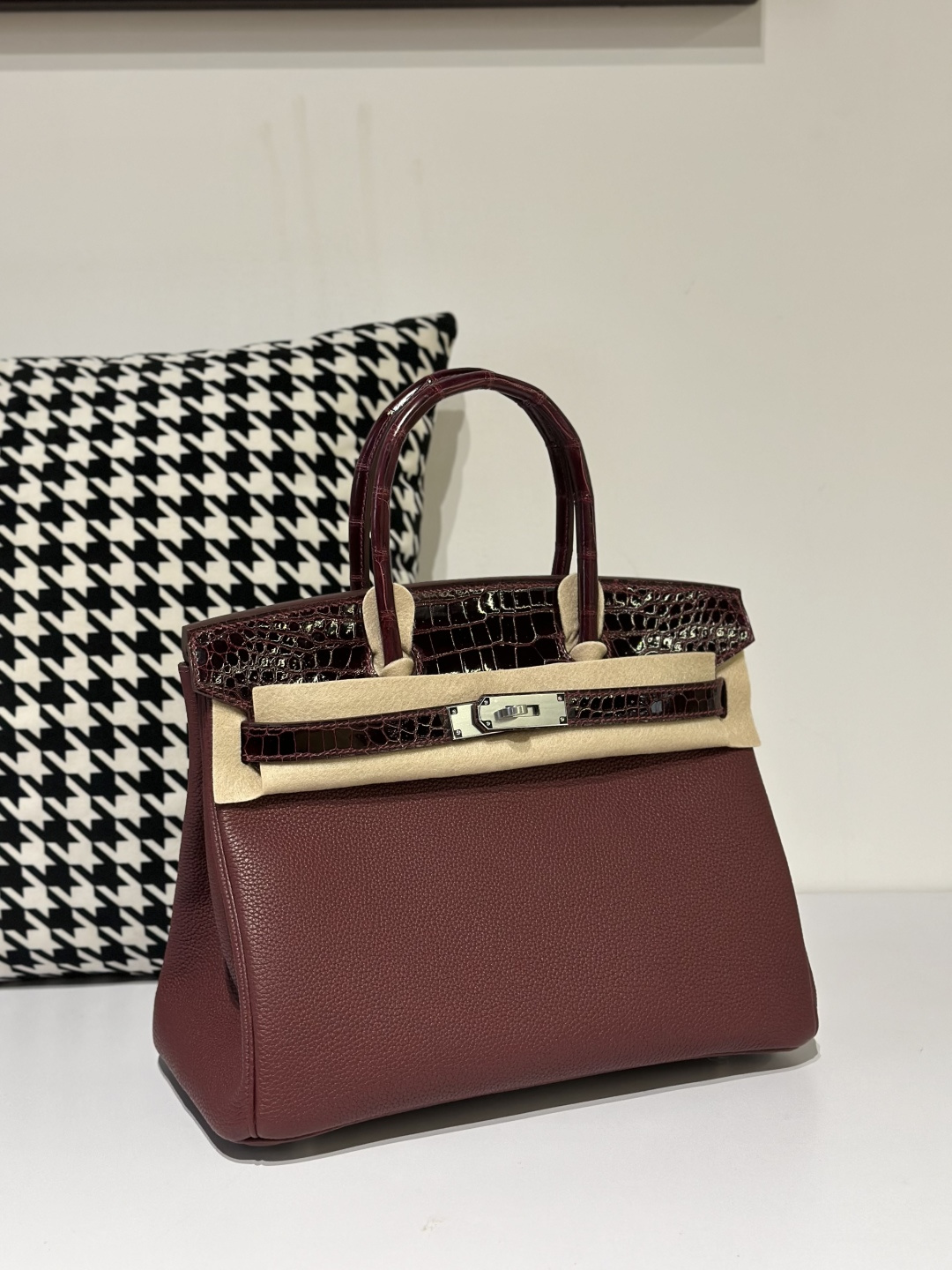 Crocodile Leather 30cm Glossy Burgundy Mixed Leather Silver Hardware Top Handle Tote Bag WCB159 image 2