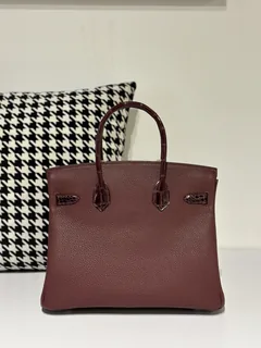 Crocodile Leather 30cm Glossy Burgundy Mixed Leather Silver Hardware Top Handle Tote Bag WCB159 image 3