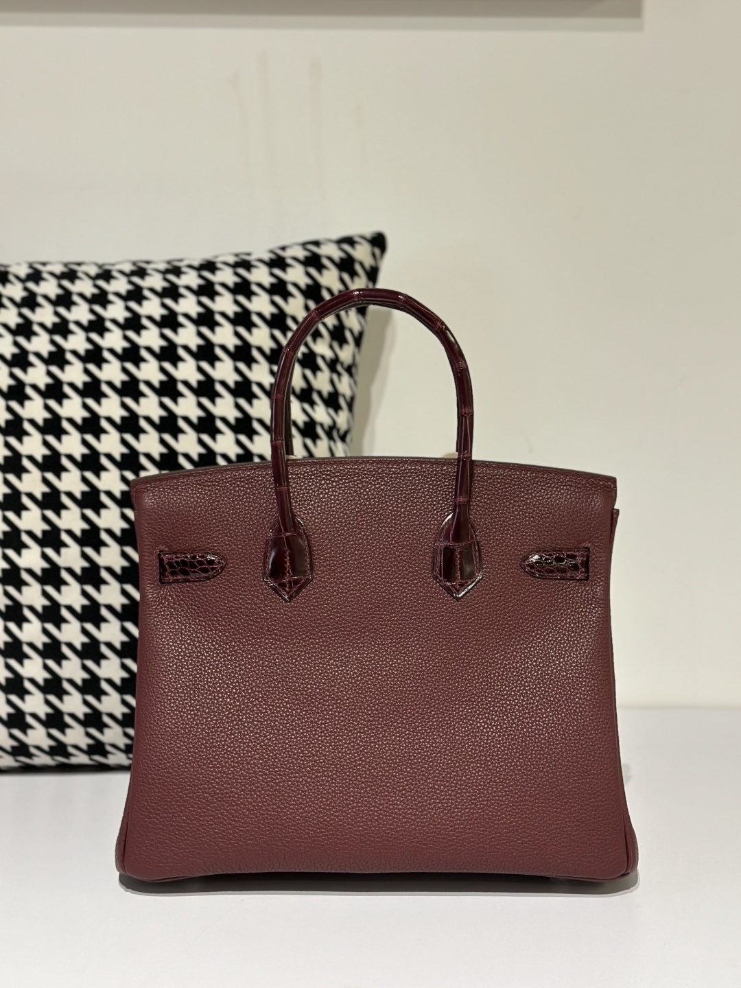 Crocodile Leather 30cm Glossy Burgundy Mixed Leather Silver Hardware Top Handle Tote Bag WCB159 image 3