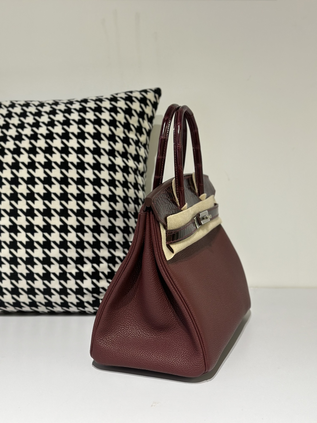 Crocodile Leather 30cm Glossy Burgundy Mixed Leather Silver Hardware Top Handle Tote Bag WCB159 image 5