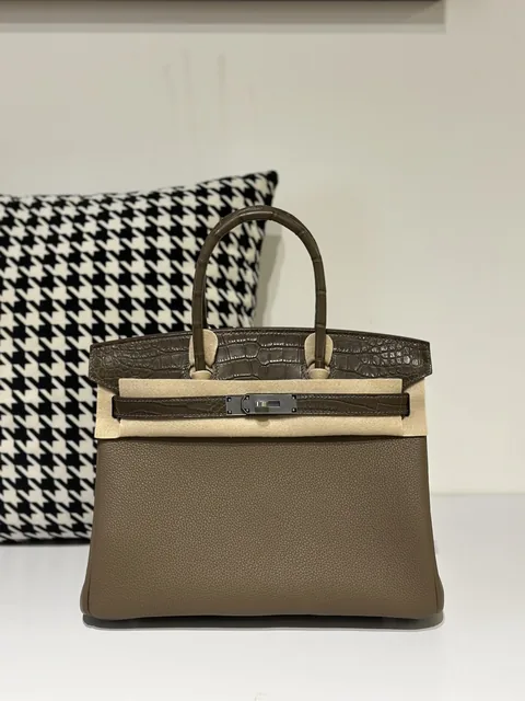 Crocodile Leather Taupe Gray 30cm Matte Mixed Leather Silver Hardware Top Handle Tote Bag WCB160