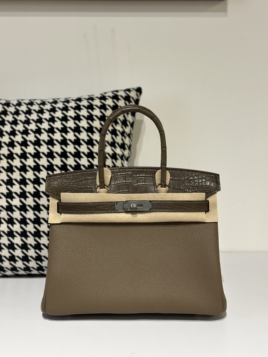 Crocodile Leather Taupe Gray 30cm Matte Mixed Leather Silver Hardware Top Handle Tote Bag WCB160