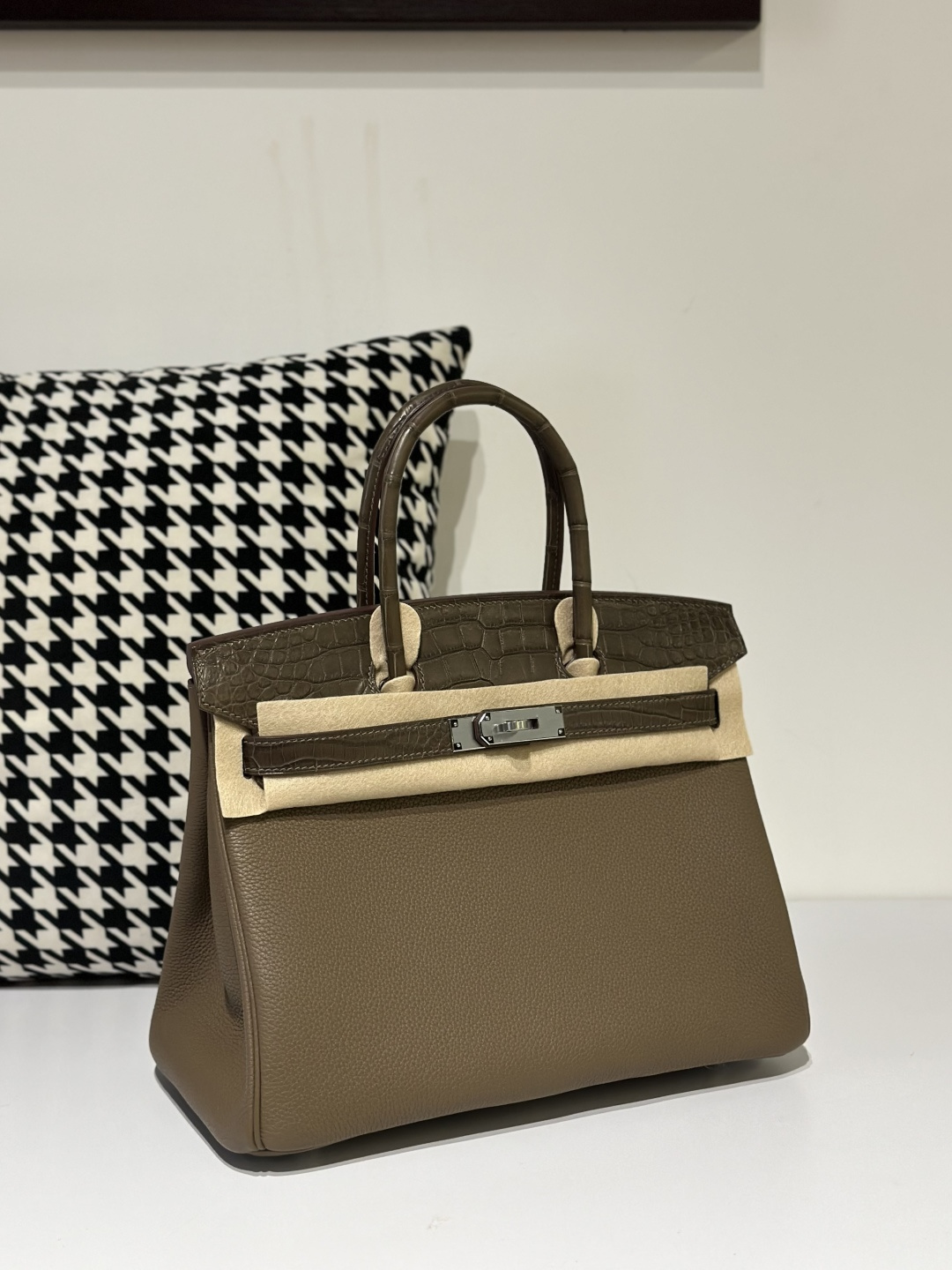Crocodile Leather Taupe Gray 30cm Matte Mixed Leather Silver Hardware Top Handle Tote Bag WCB160 photo 2