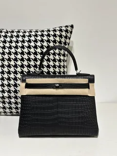Crocodile Leather Inside Stitch Black 28cm Matte Silver Hardware Top Handle Bag WCB161 image 1