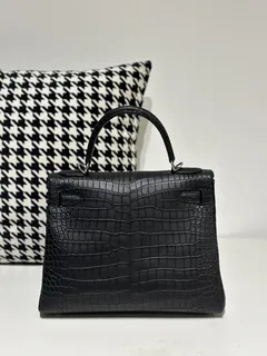 Crocodile Leather Inside Stitch Black 28cm Matte Silver Hardware Top Handle Bag WCB161 image 3