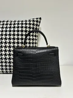 Crocodile Leather Inside Stitch Black 28cm Matte Gold Hardware Top Handle Bag WCB162 image 3