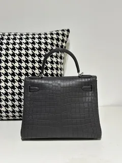 Crocodile Leather Inside Stitch Graphite Gray 28cm Matte Silver Hardware Top Handle Bag WCB163 image 3