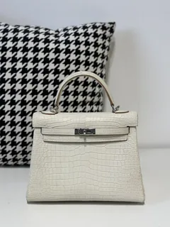 Crocodile Leather Inside Stitch Glacier White 25cm Matte Silver Hardware Top Handle Bag WCB166 image 1