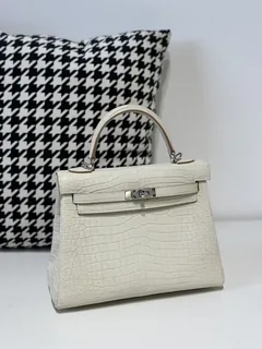 Crocodile Leather Inside Stitch Glacier White 25cm Matte Silver Hardware Top Handle Bag WCB166 image 2