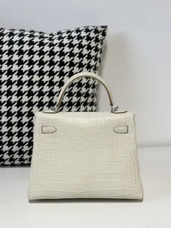 Crocodile Leather Inside Stitch Glacier White 25cm Matte Silver Hardware Top Handle Bag WCB166 image 3