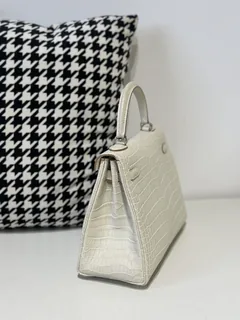 Crocodile Leather Inside Stitch Glacier White 25cm Matte Silver Hardware Top Handle Bag WCB166 image 4