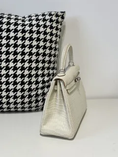 Crocodile Leather Inside Stitch Glacier White 25cm Matte Silver Hardware Top Handle Bag WCB166 image 5