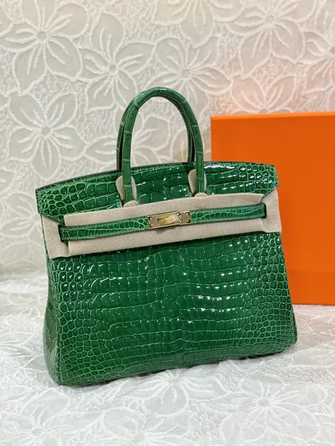 Crocodile Leather Bamboo Green 25cm Glossy Gold Hardware Top Handle Tote Bag WCB167