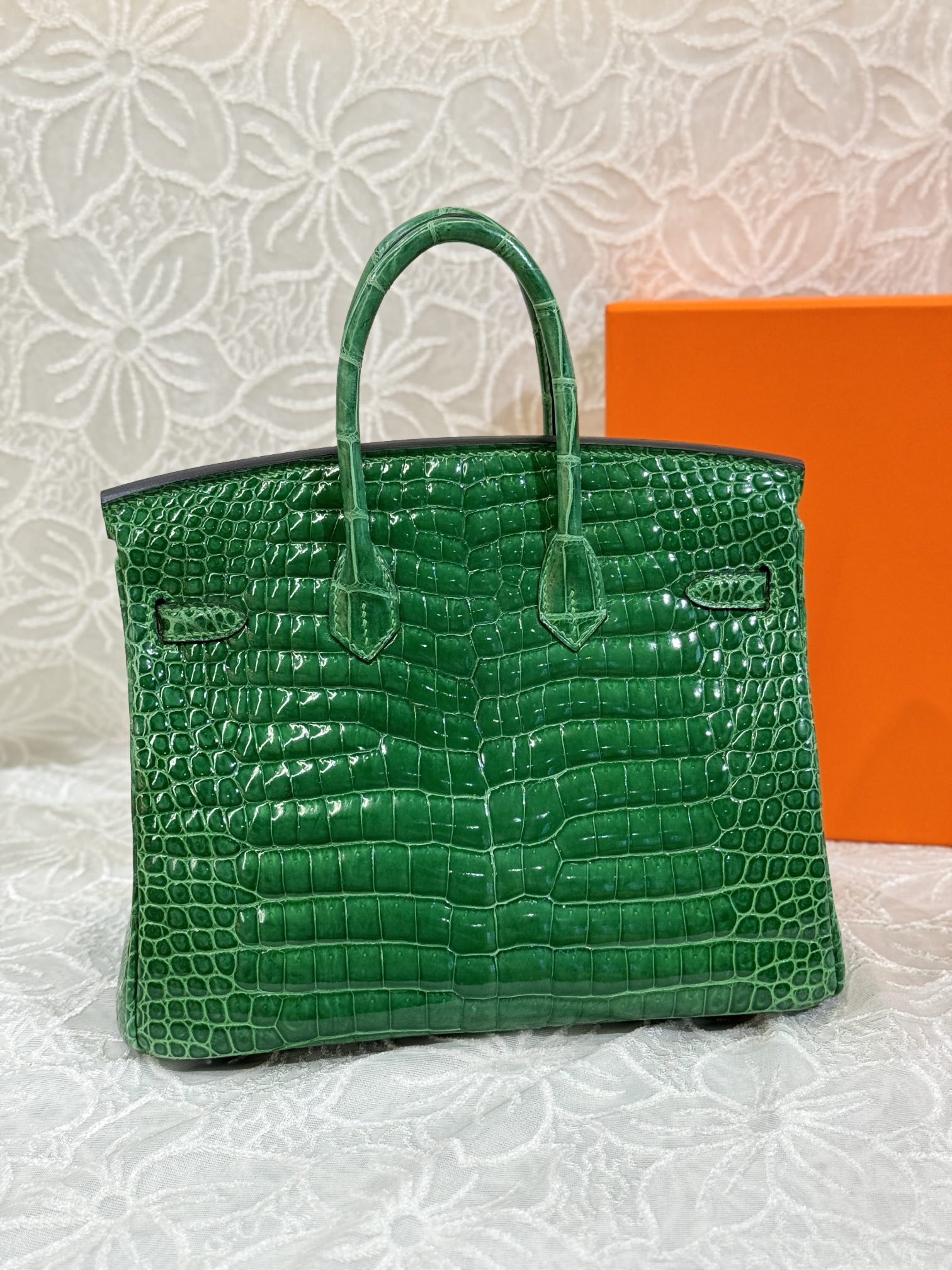 Crocodile Leather Bamboo Green 25cm Glossy Gold Hardware Top Handle Tote Bag WCB167 image 3