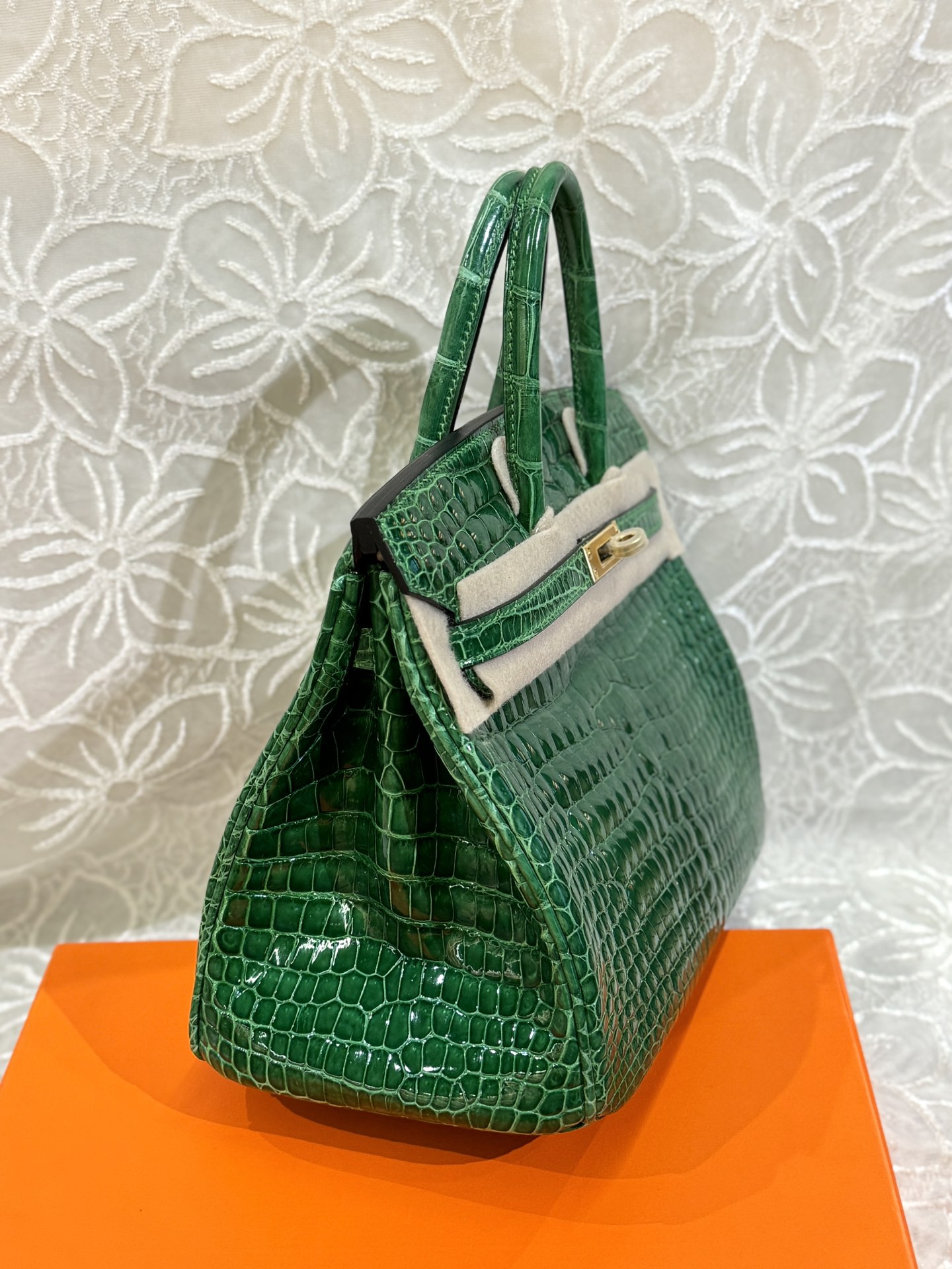Crocodile Leather Bamboo Green 25cm Glossy Gold Hardware Top Handle Tote Bag WCB167 image 5