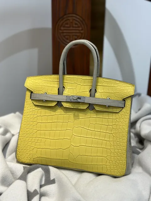 Crocodile Leather Marigold Yellow Pearl Gray 25cm Matte Mixed Leather Top Handle Tote Bag WCB169
