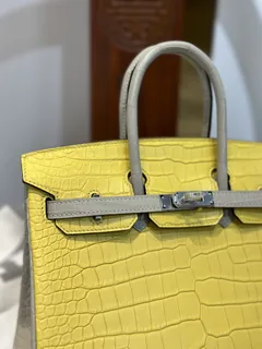 Crocodile Leather Marigold Yellow Pearl Gray 25cm Matte Mixed Leather Top Handle Tote Bag WCB169 image 2