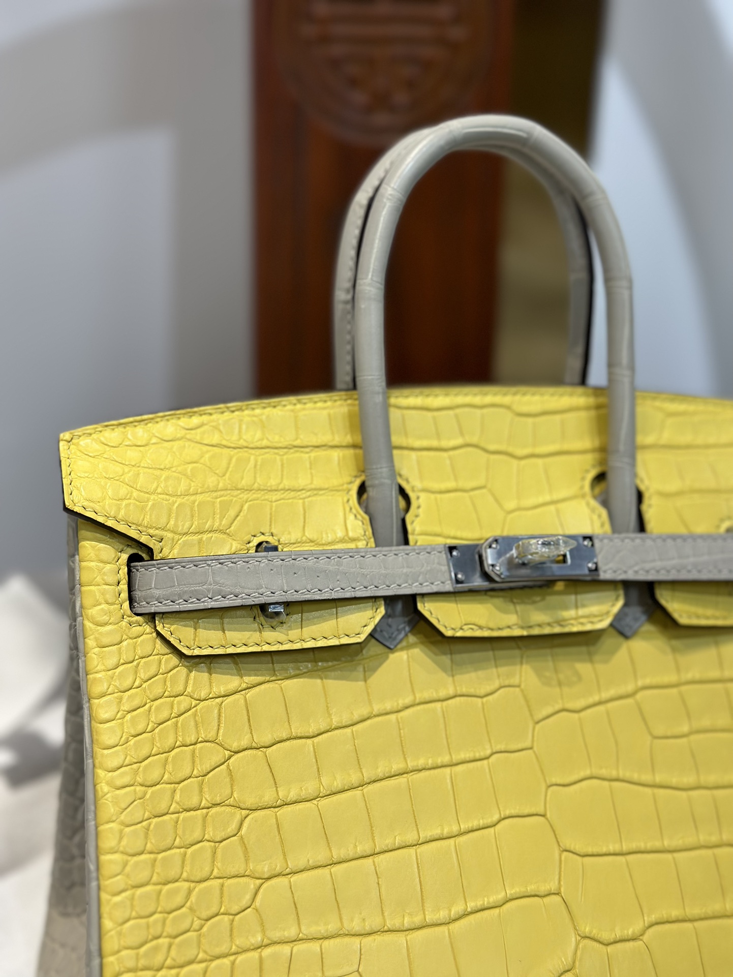 Crocodile Leather Marigold Yellow Pearl Gray 25cm Matte Mixed Leather Top Handle Tote Bag WCB169 image 2
