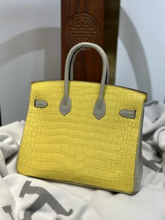 Crocodile Leather Marigold Yellow Pearl Gray 25cm Matte Mixed Leather Top Handle Tote Bag WCB169 image 3