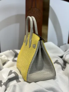 Crocodile Leather Marigold Yellow Pearl Gray 25cm Matte Mixed Leather Top Handle Tote Bag WCB169 image 5