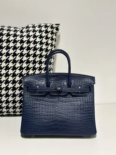 Crocodile Leather Blue 25cm Matte Silver Hardware Top Handle Tote Bag WCB172 image 1
