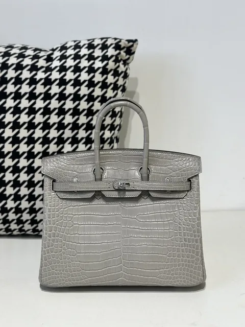 Crocodile Leather Pearl Gray 25cm Matte Silver Hardware Top Handle Tote Bag WCB175