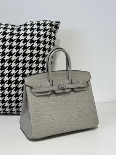 Crocodile Leather Pearl Gray 25cm Matte Silver Hardware Top Handle Tote Bag WCB175 image 2