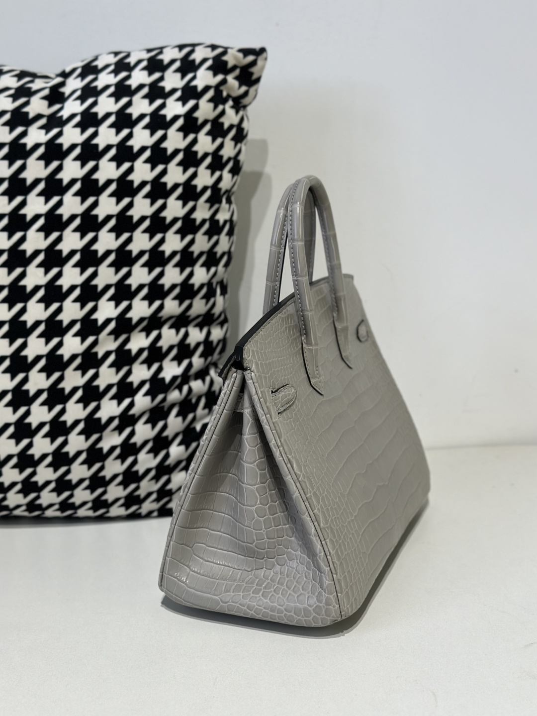 Crocodile Leather Pearl Gray 25cm Matte Silver Hardware Top Handle Tote Bag WCB175 photo 4