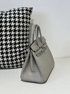 Crocodile Leather Pearl Gray 25cm Matte Silver Hardware Top Handle Tote Bag WCB175 image 5