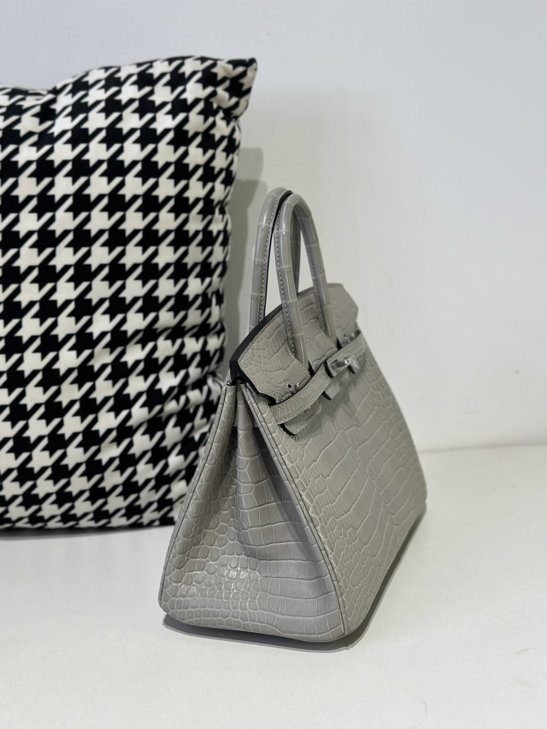 Crocodile Leather Pearl Gray 25cm Matte Silver Hardware Top Handle Tote Bag WCB175 photo 5