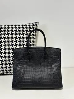 Crocodile Leather Black 30cm Matte Silver Hardware Top Handle Tote Bag WCB176 image 3