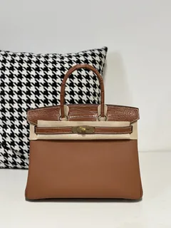 Crocodile Leather Saddle Brown 30cm Matte Mixed Leather Gold Hardware Top Handle Tote Bag WCB179 image 1