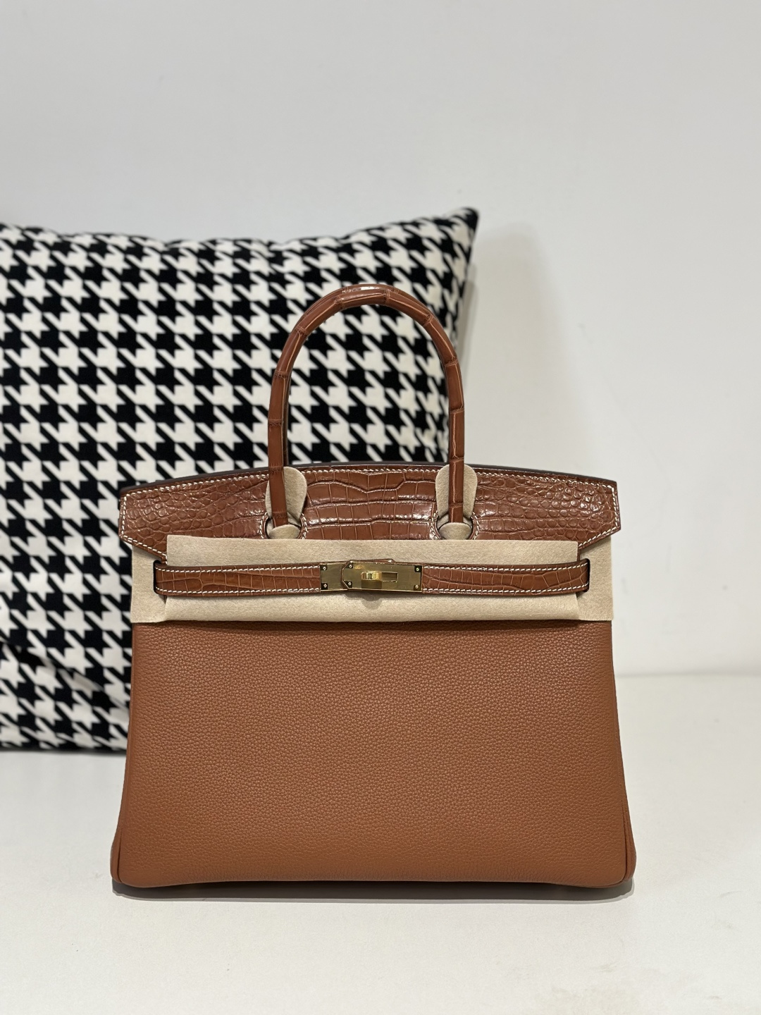 Crocodile Leather Saddle Brown 30cm Matte Mixed Leather Gold Hardware Top Handle Tote Bag WCB179