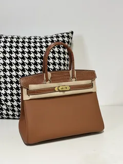 Crocodile Leather Saddle Brown 30cm Matte Mixed Leather Gold Hardware Top Handle Tote Bag WCB179 image 2