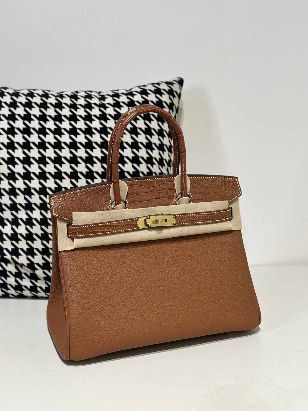 Crocodile Leather Saddle Brown 30cm Matte Mixed Leather Gold Hardware Top Handle Tote Bag WCB179 image 2