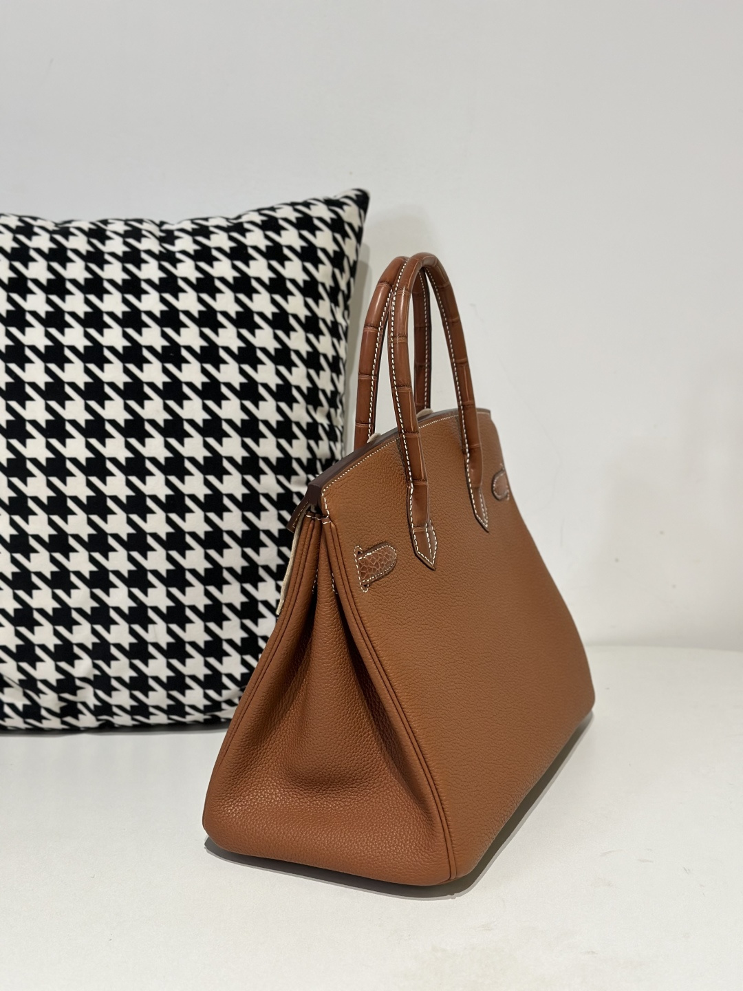 Crocodile Leather Saddle Brown 30cm Matte Mixed Leather Gold Hardware Top Handle Tote Bag WCB179 image 4