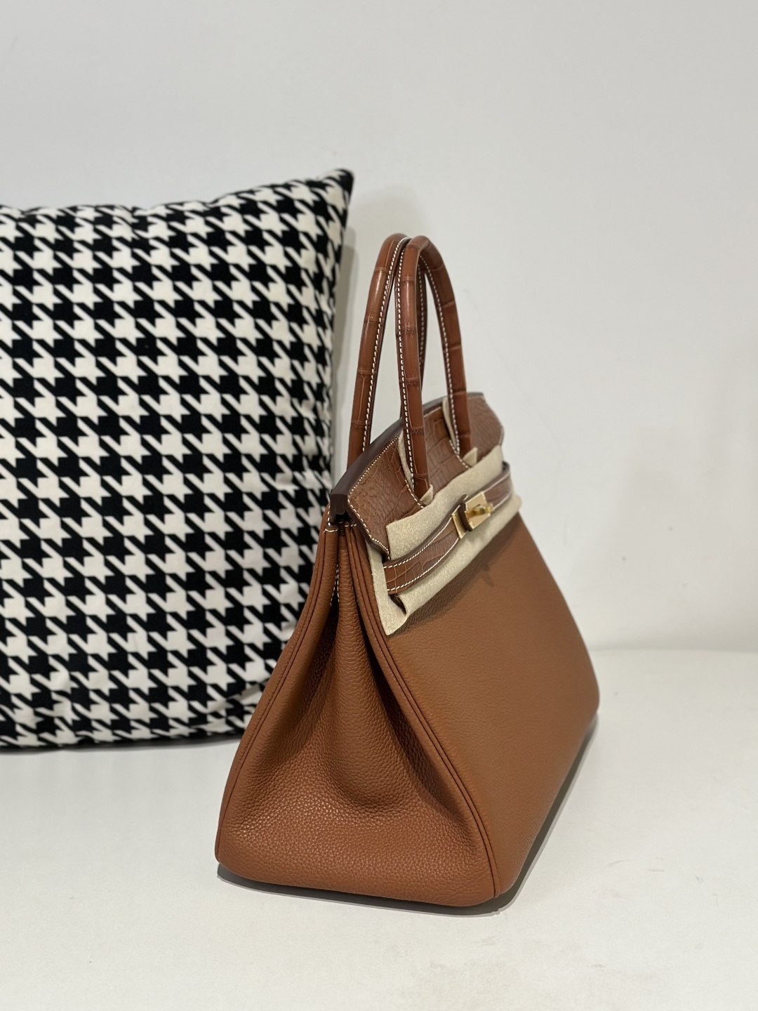 Crocodile Leather Saddle Brown 30cm Matte Mixed Leather Gold Hardware Top Handle Tote Bag WCB179 image 5