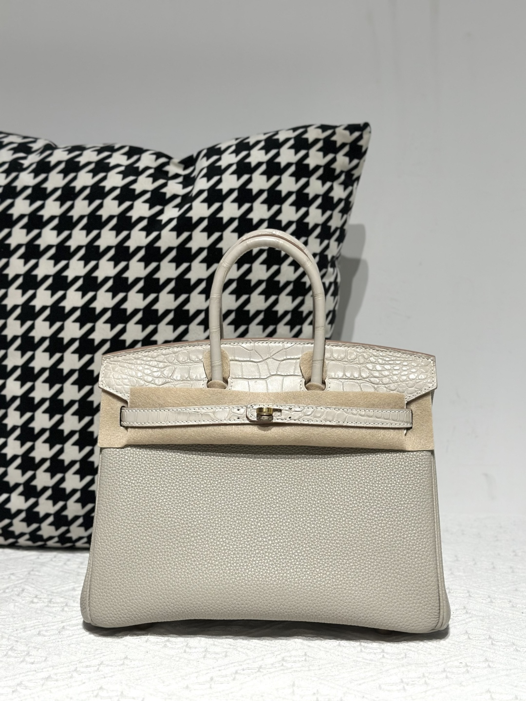 Crocodile Leather 25cm Matte Mixed Leather Gold Hardware Top Handle Tote Bag WCB185