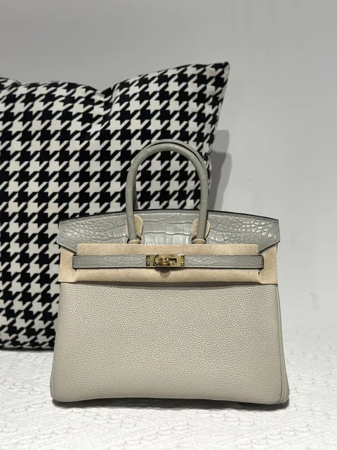 Crocodile Leather Pearl Gray 25cm Matte Mixed Leather Gold Hardware Top Handle Tote Bag WCB189
