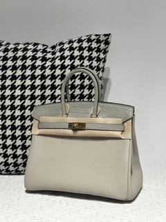 Crocodile Leather Pearl Gray 25cm Matte Mixed Leather Gold Hardware Top Handle Tote Bag WCB189 image 2