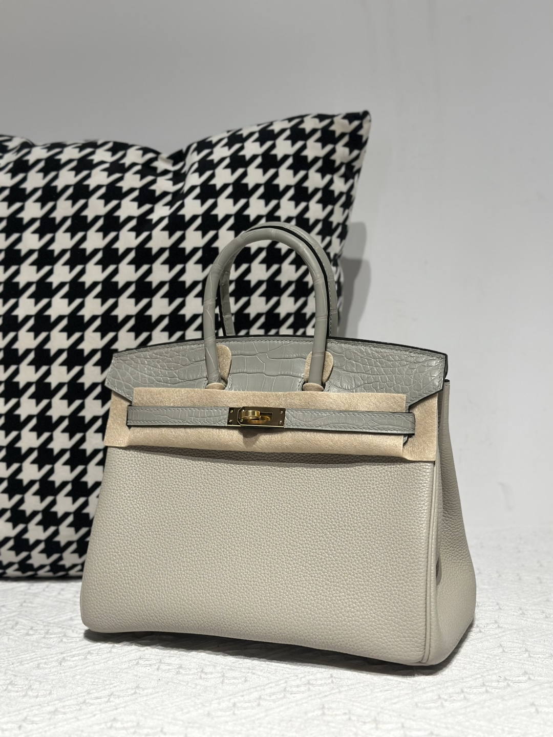 Crocodile Leather Pearl Gray 25cm Matte Mixed Leather Gold Hardware Top Handle Tote Bag WCB189 photo 2